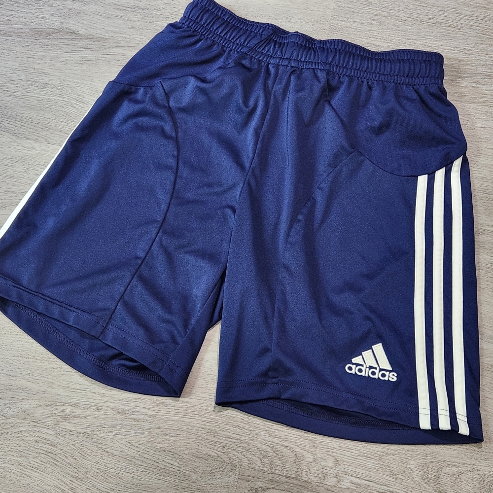 Y2k Adidas Men Small Soccer Futbol Glossy Shorts Navy Blue Athletic Striped Cool